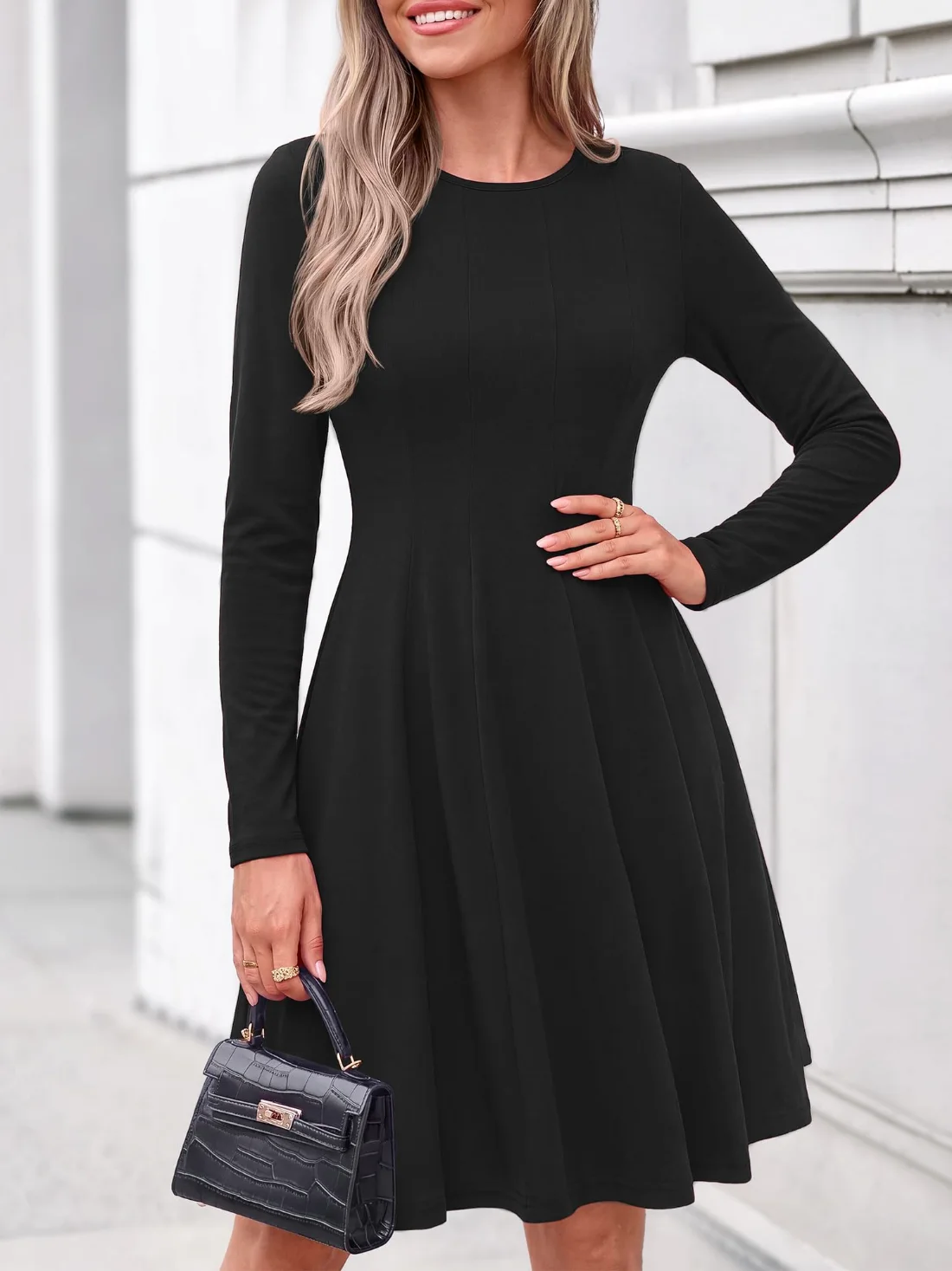 KIRUNDO Pleated A-Line Long Sleeve Dress in Black, view 5