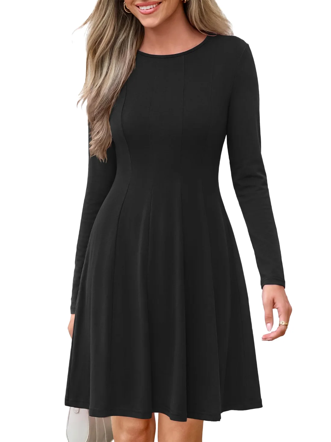 KIRUNDO Pleated A-Line Long Sleeve Dress in Black