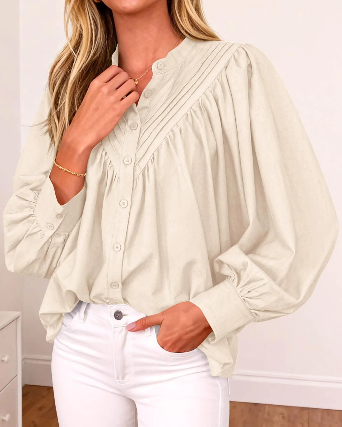 KIRUNDO Pleated Button-Down Long Sleeve Shirt in Beige, view 3