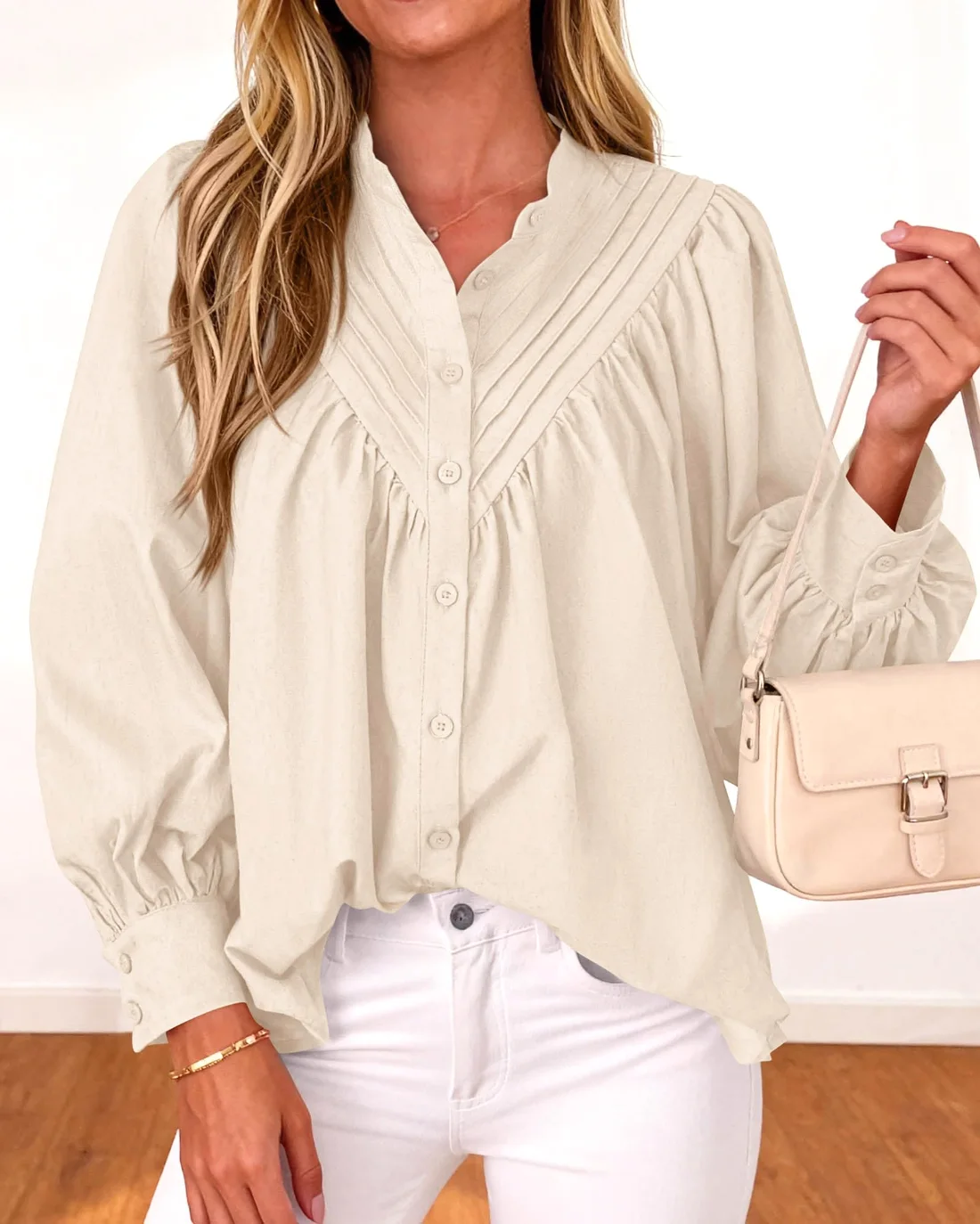 KIRUNDO Pleated Button-Down Long Sleeve Shirt in Beige, view 4