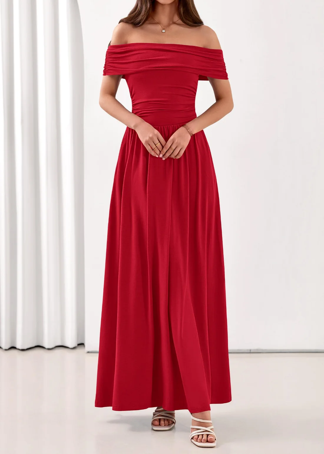KIRUNDO Pleated Ruched Off-Shoulder Maxi Dress in Red, view 3