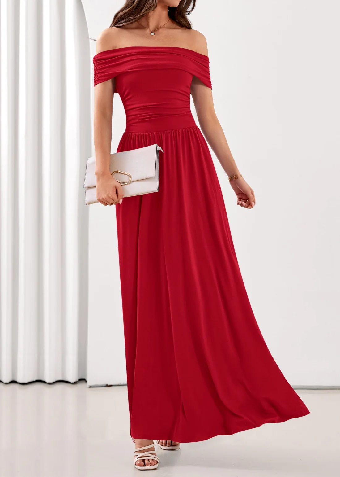 KIRUNDO Pleated Ruched Off-Shoulder Maxi Dress in Red, view 4