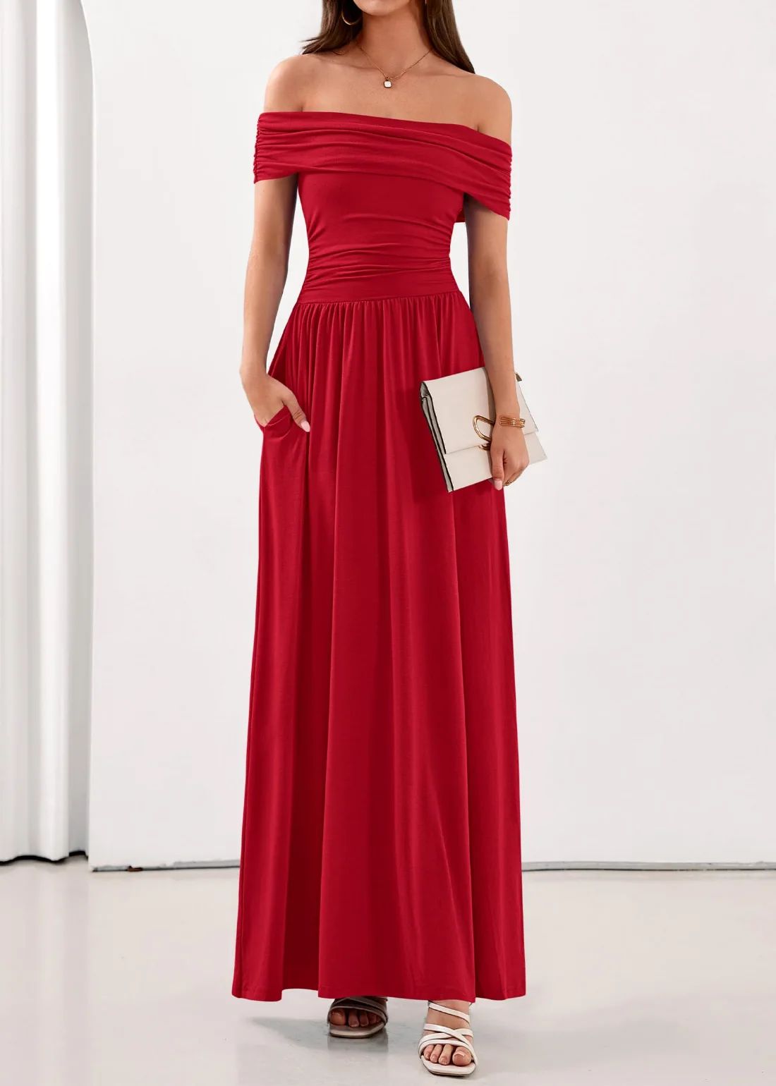 KIRUNDO Pleated Ruched Off-Shoulder Maxi Dress in Red, view 5