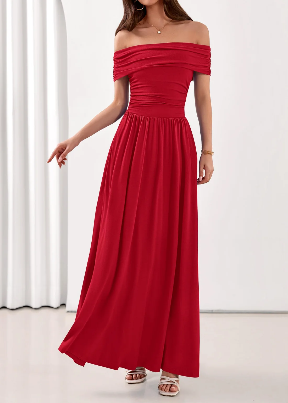 KIRUNDO Pleated Ruched Off-Shoulder Maxi Dress in Red, view 6