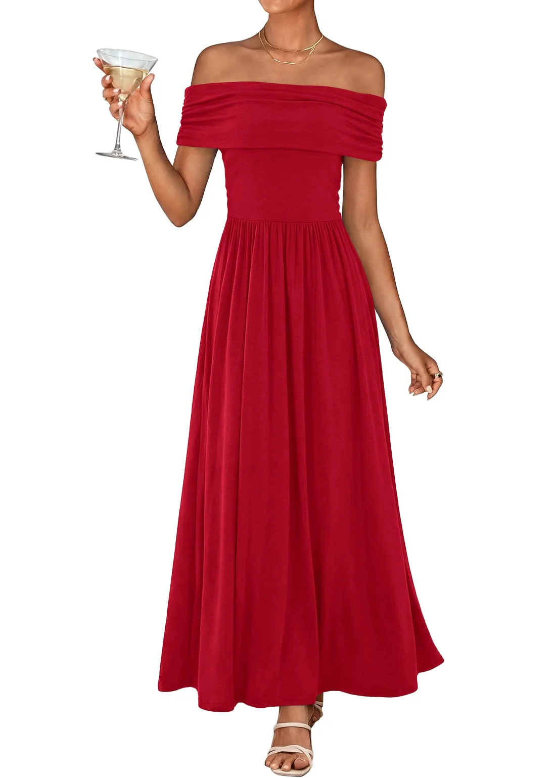 KIRUNDO Pleated Ruched Off-Shoulder Maxi Dress in Red