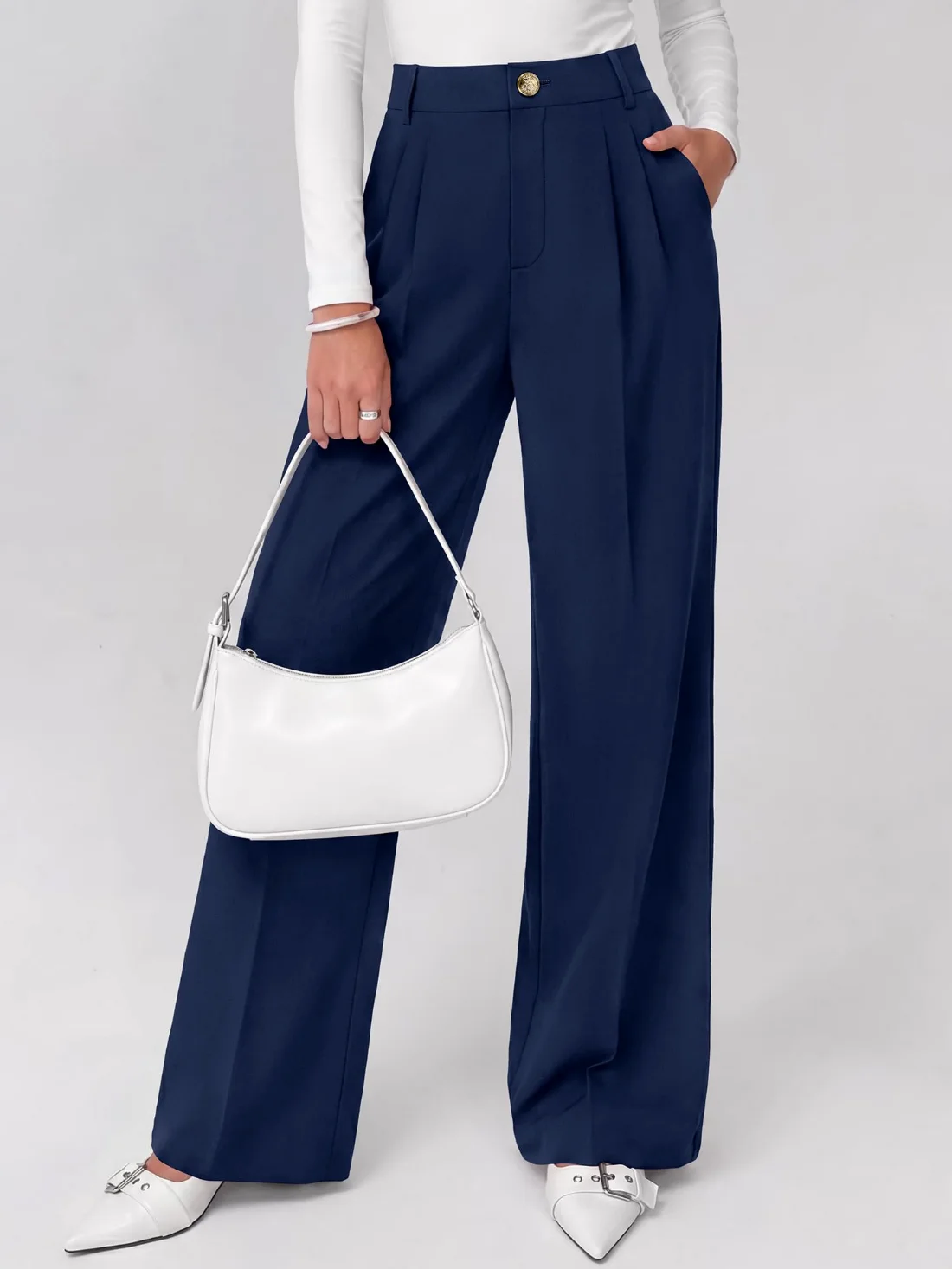 KIRUNDO Pleated Wide Leg Slacks in Navy Blue, view 3