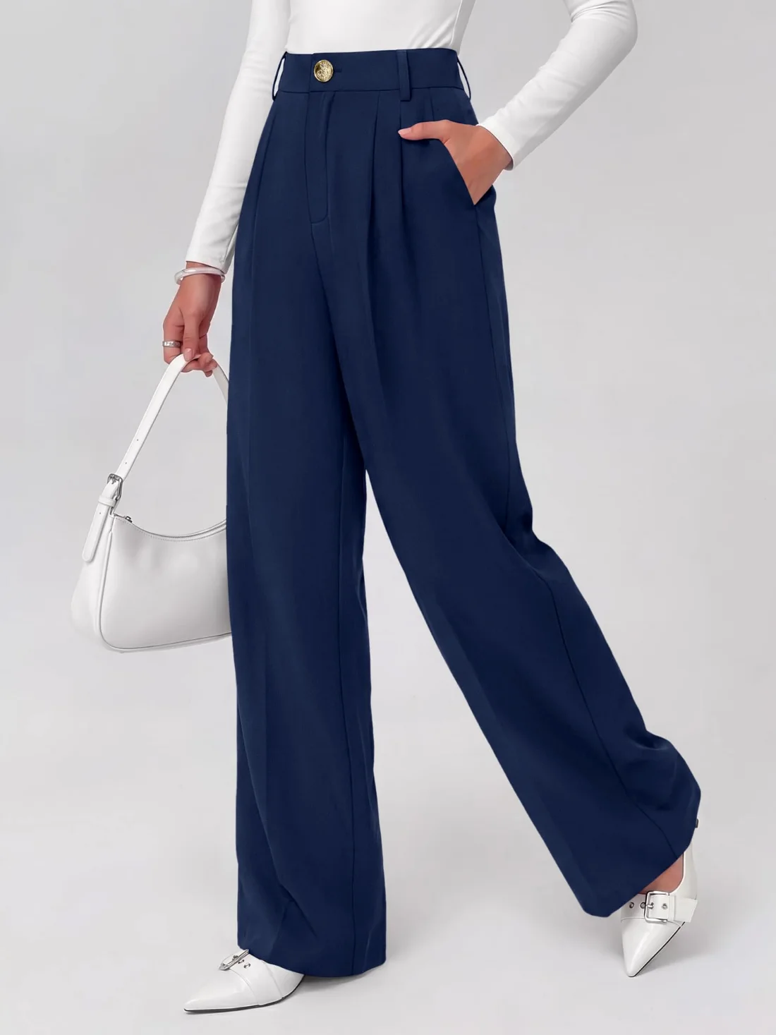 KIRUNDO Pleated Wide Leg Slacks in Navy Blue, view 5