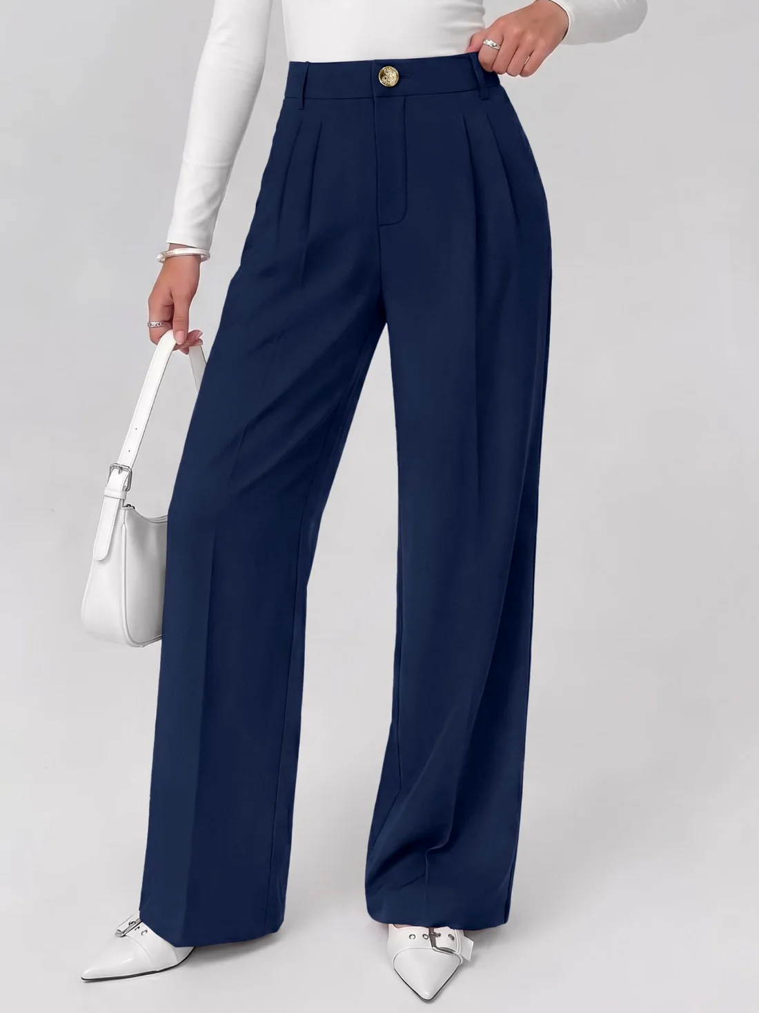 KIRUNDO Pleated Wide Leg Slacks in Navy Blue, view 6