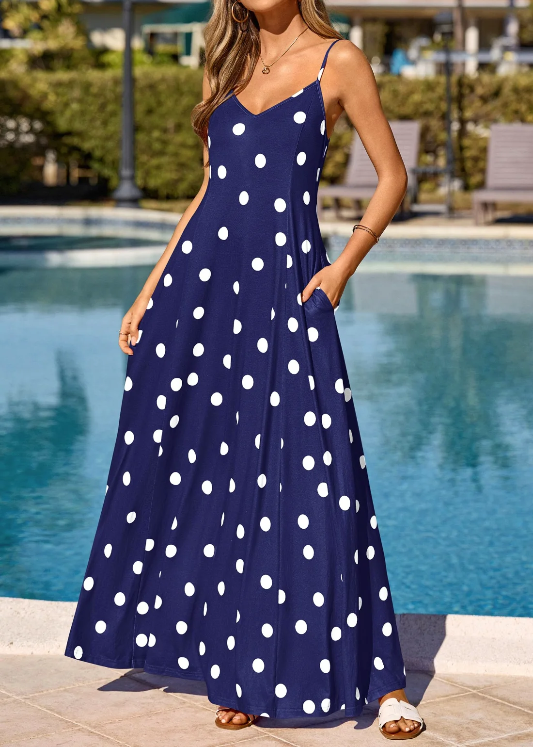 KIRUNDO Polka Dot Spaghetti Strap Flowy Maxi Dress in Navy, view 3