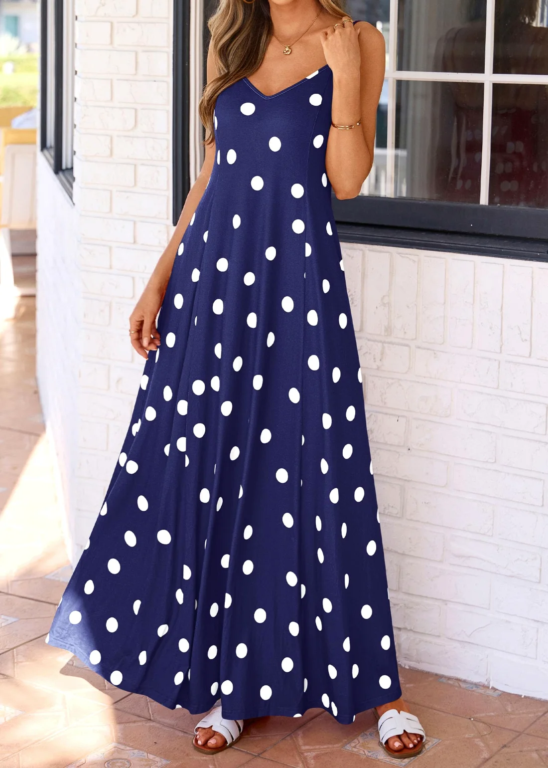 KIRUNDO Polka Dot Spaghetti Strap Flowy Maxi Dress in Navy, view 4