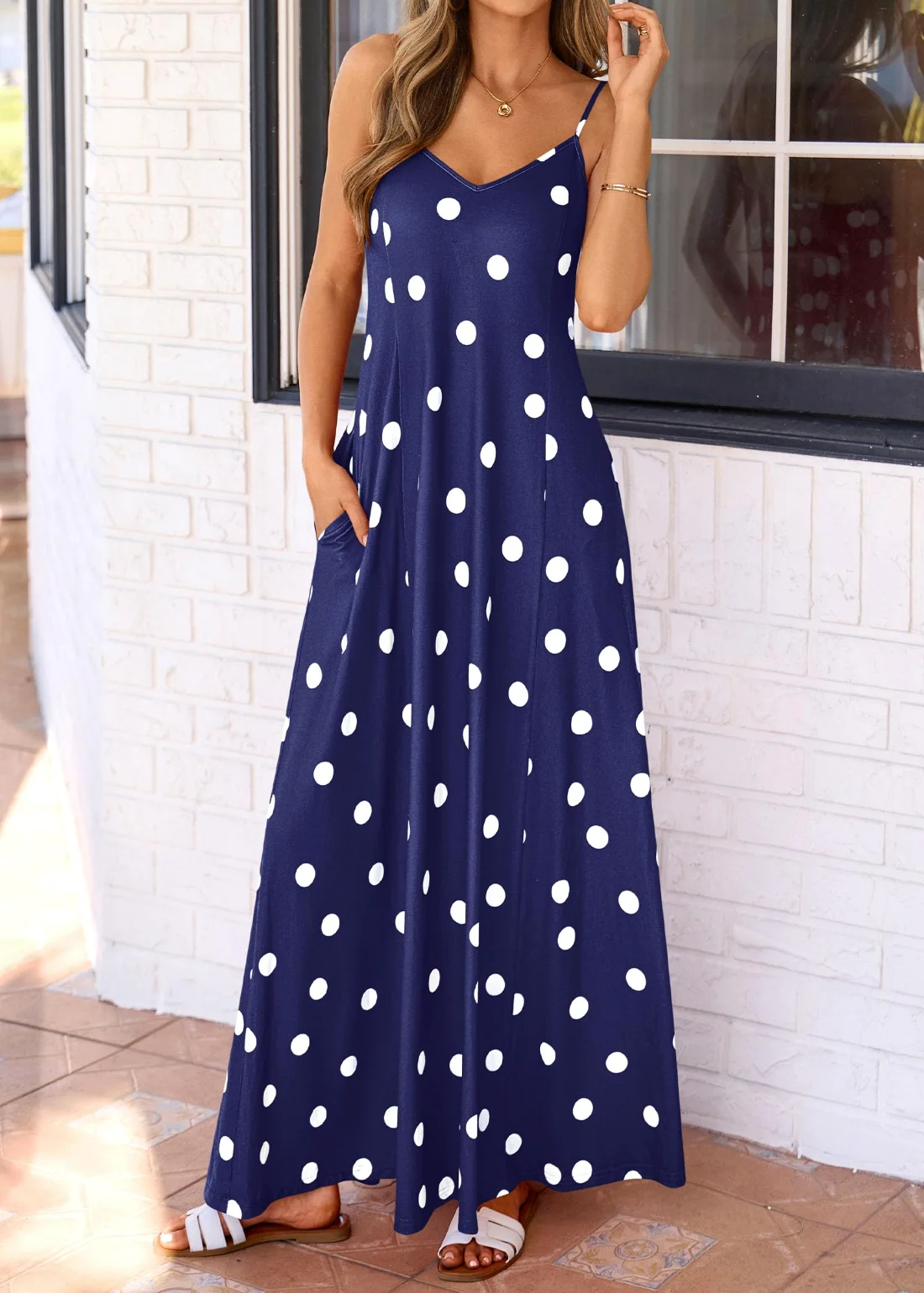 KIRUNDO Polka Dot Spaghetti Strap Flowy Maxi Dress in Navy, view 5