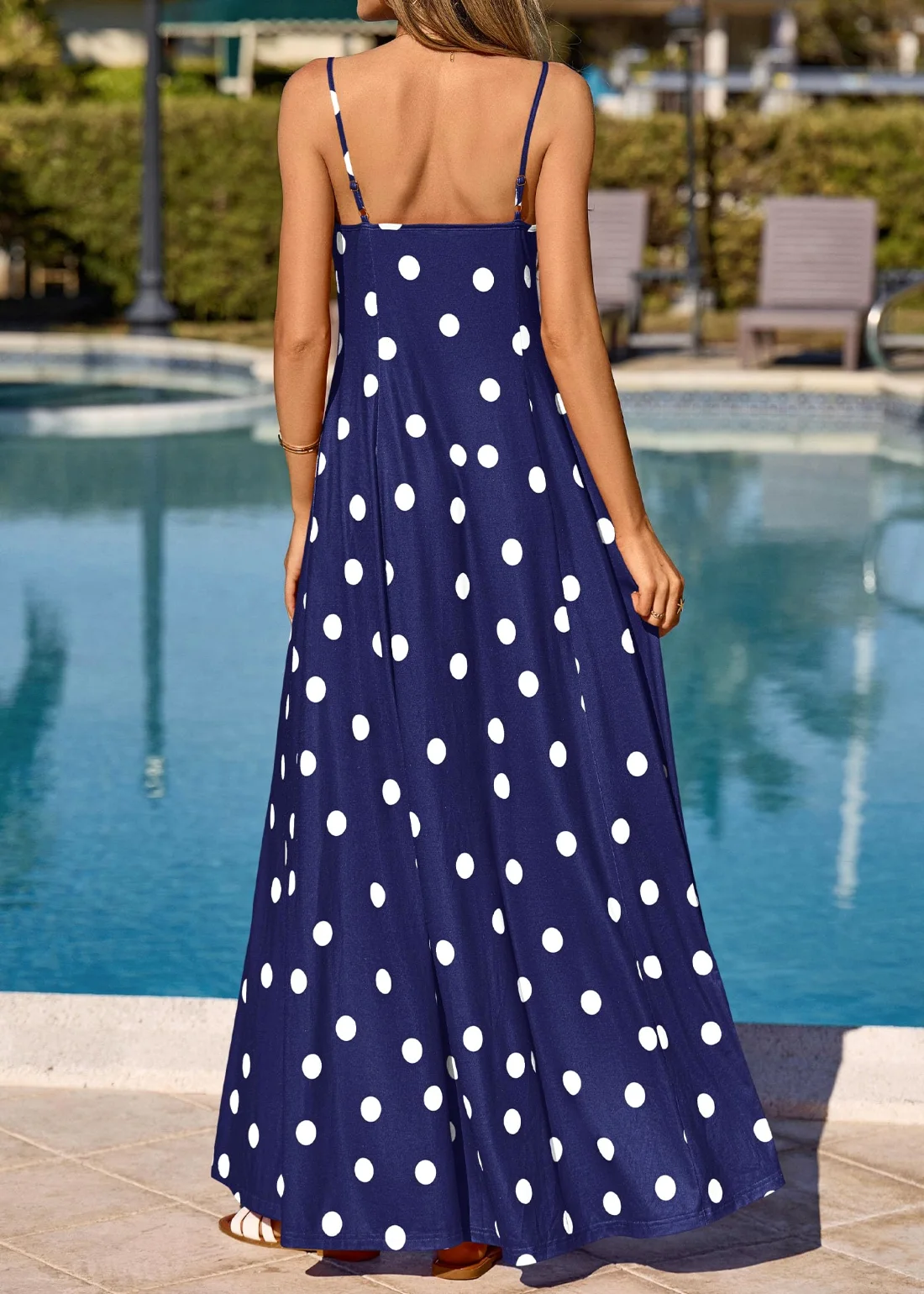 KIRUNDO Polka Dot Spaghetti Strap Flowy Maxi Dress in Navy, view 6