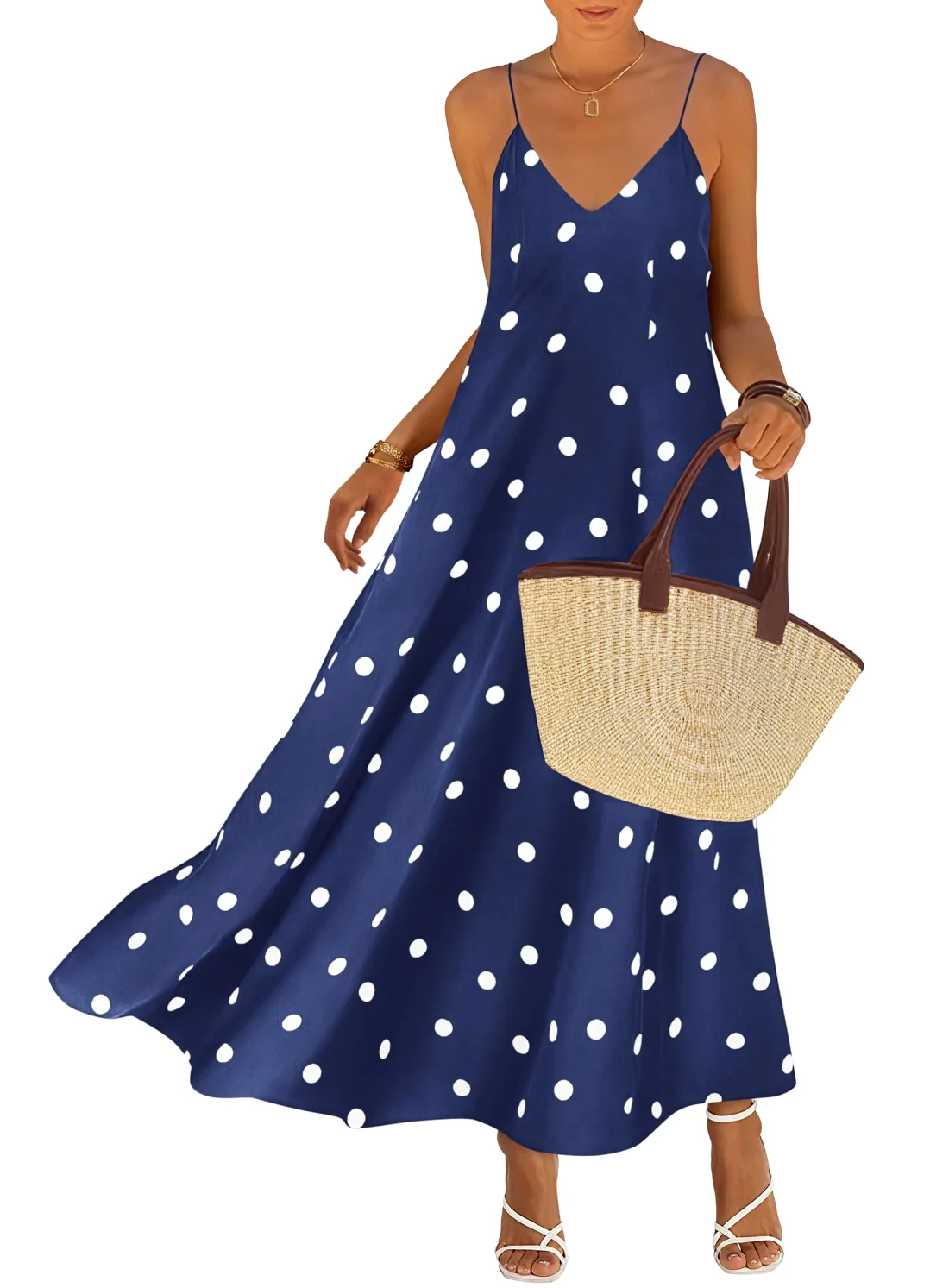 KIRUNDO Polka Dot Spaghetti Strap Flowy Maxi Dress in Navy