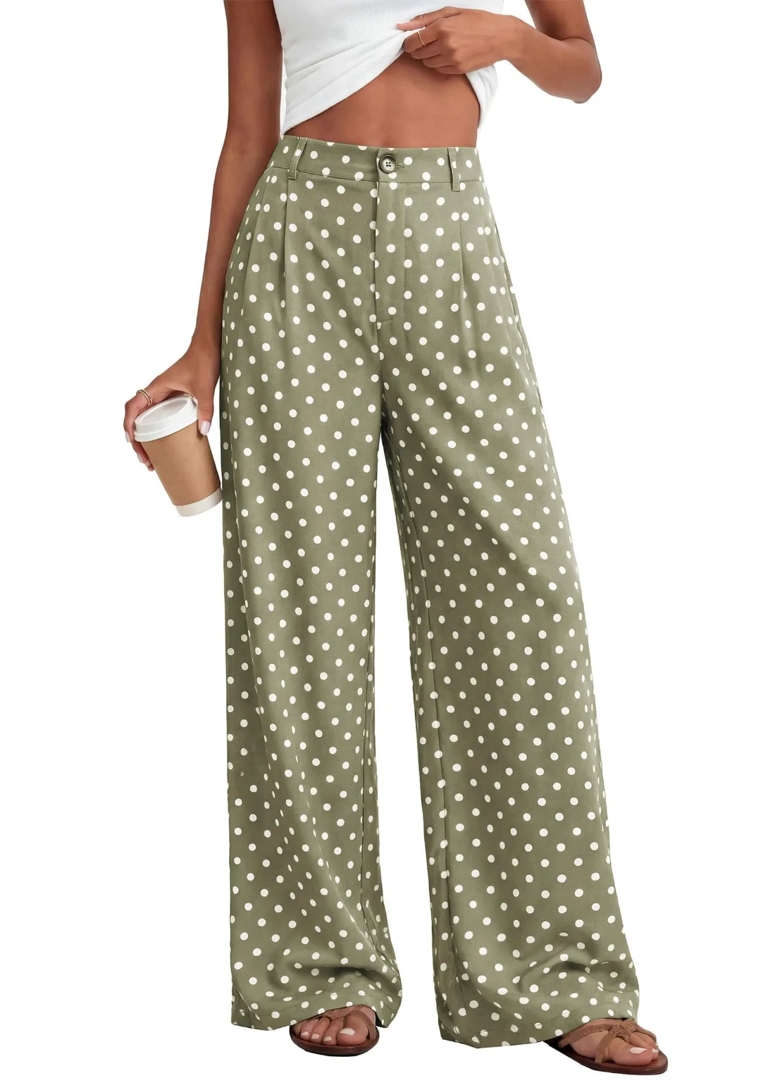 KIRUNDO Polka Dot Wide Leg Flowy Pants in Dot Green White