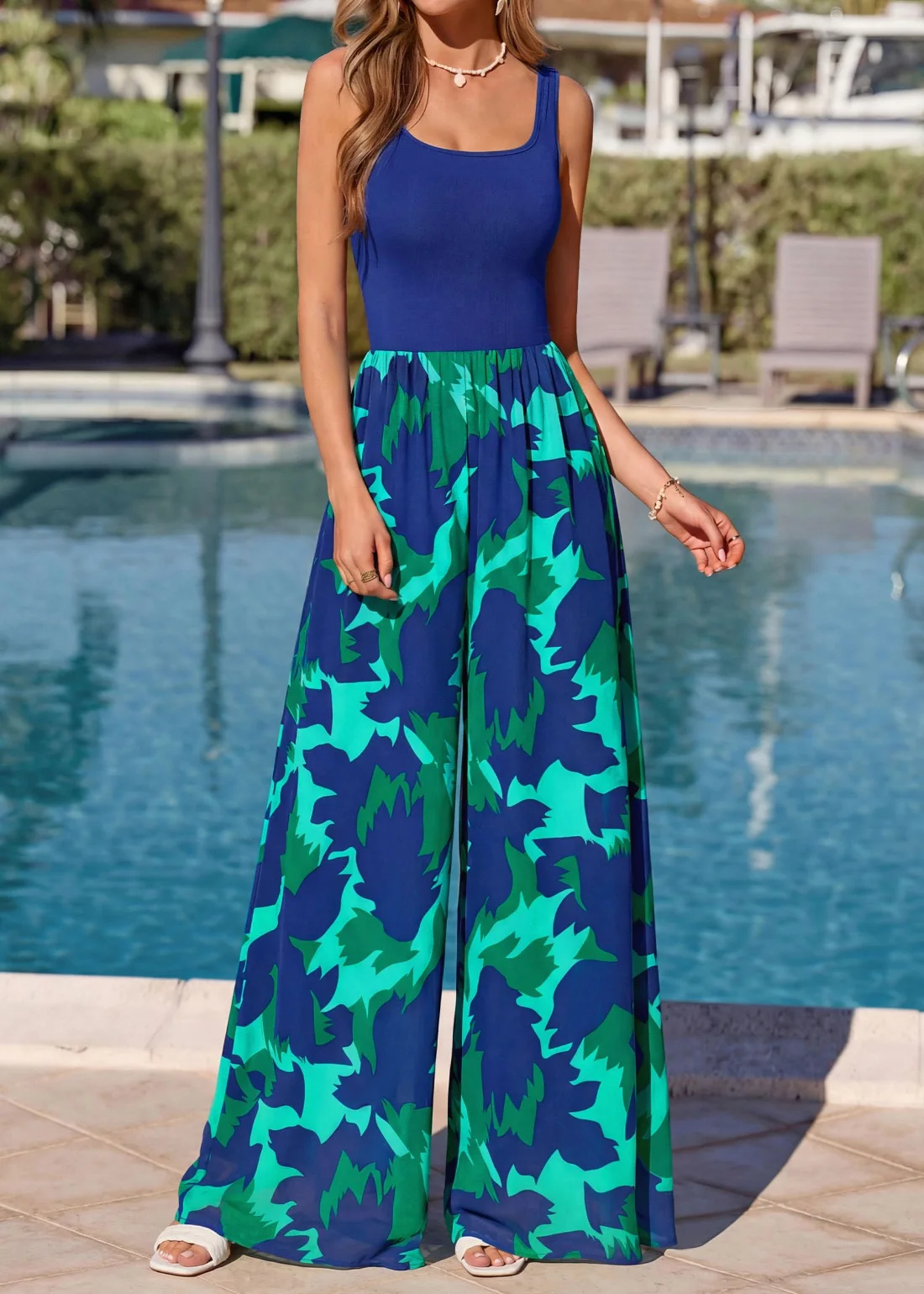 KIRUNDO Printed Wide Leg Tank Jumpsuit in Blue Green, view 5