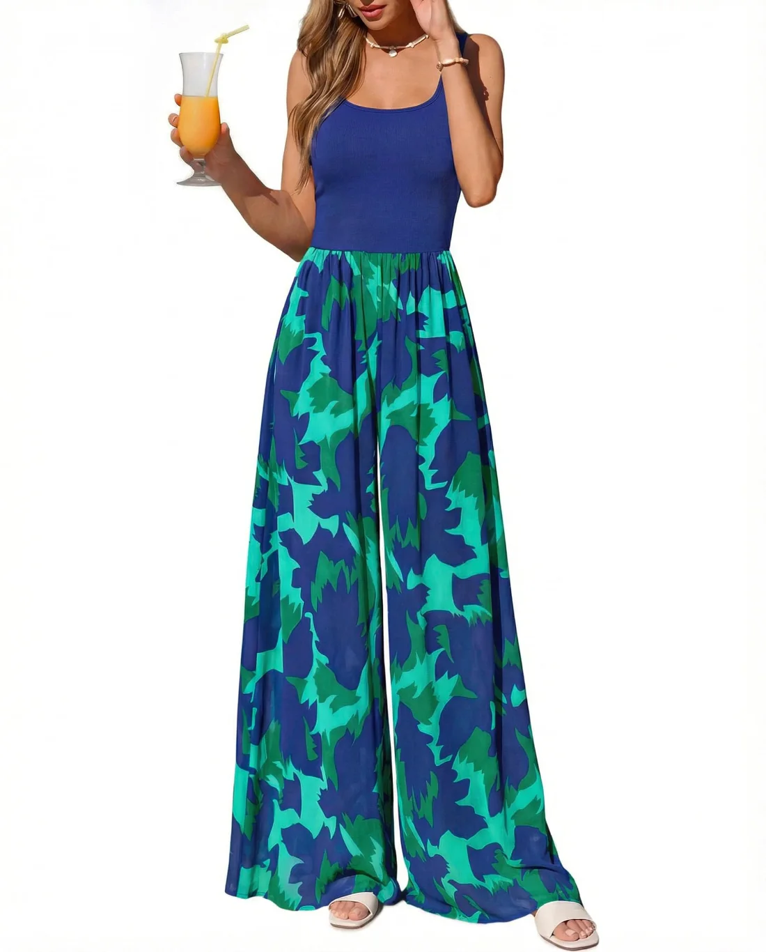 KIRUNDO Printed Wide Leg Tank Jumpsuit in Blue Green