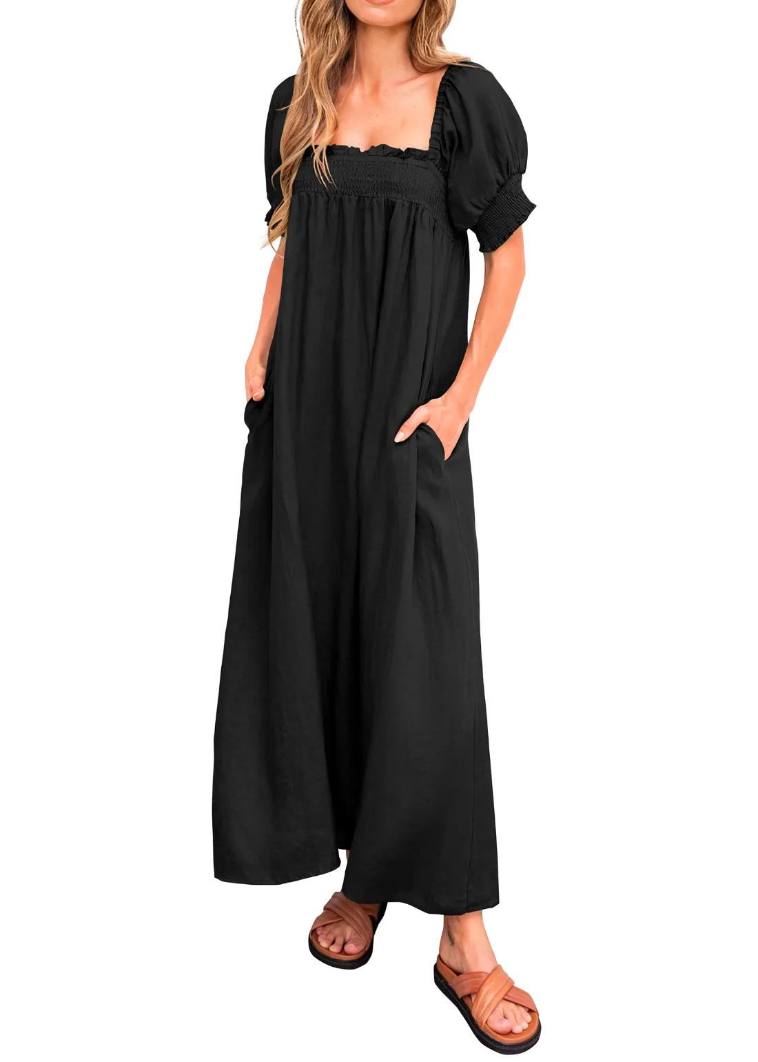 KIRUNDO Puff Sleeve Maxi Dress in Black