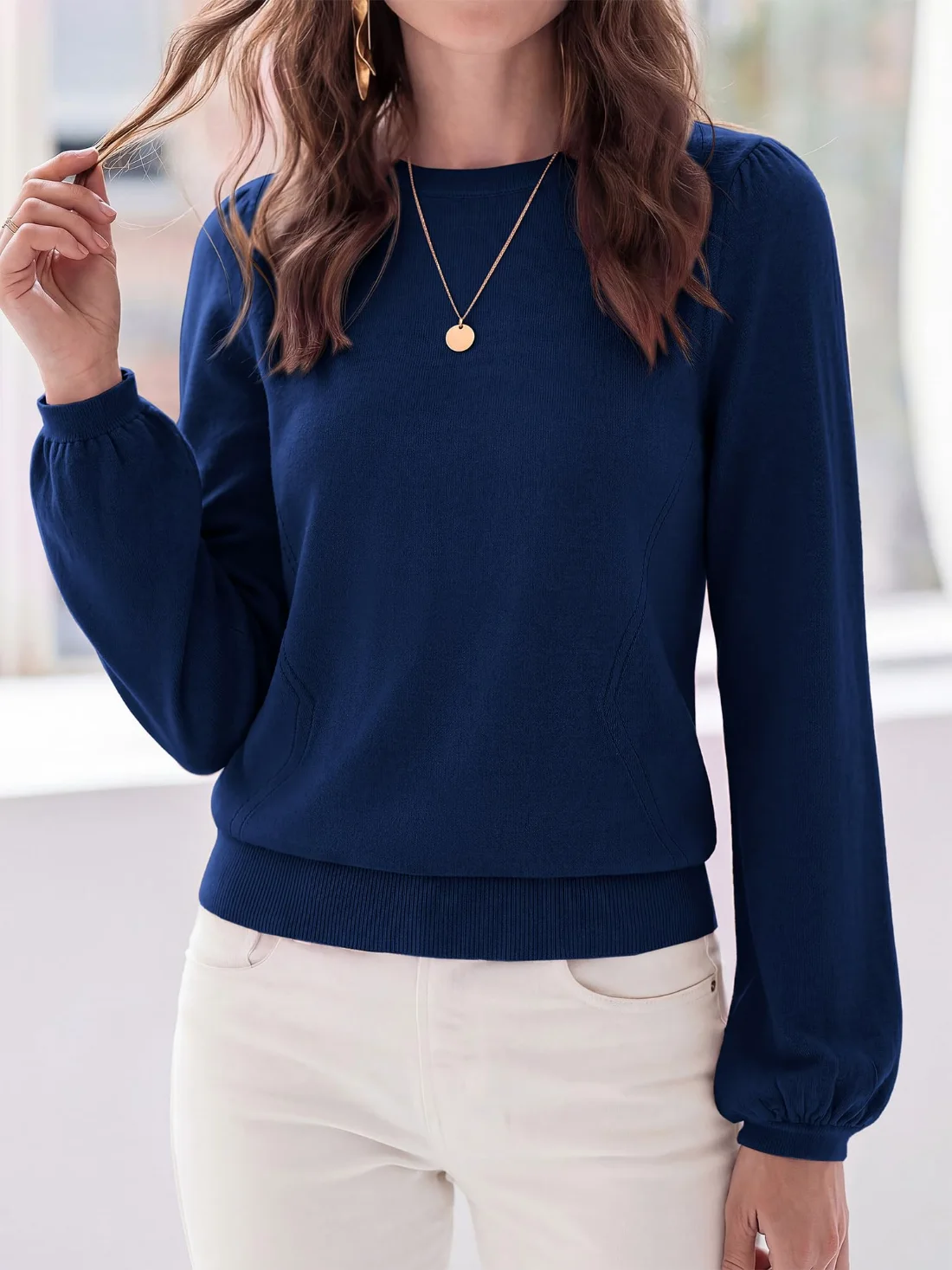 KIRUNDO Puff Sleeve Sweater in Navy Blue, view 3