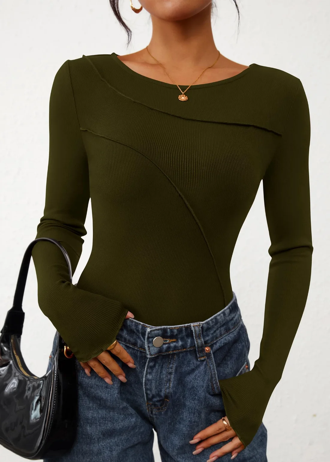 KIRUNDO Ribbed Boat Neck Long Sleeve Top in Army Green, view 3