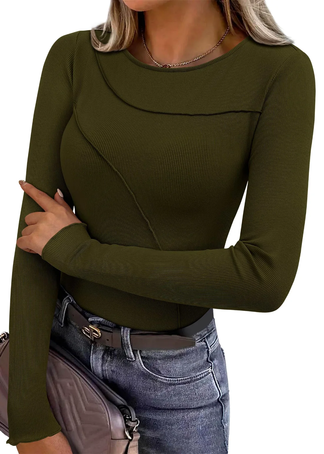 KIRUNDO Ribbed Boat Neck Long Sleeve Top in Army Green