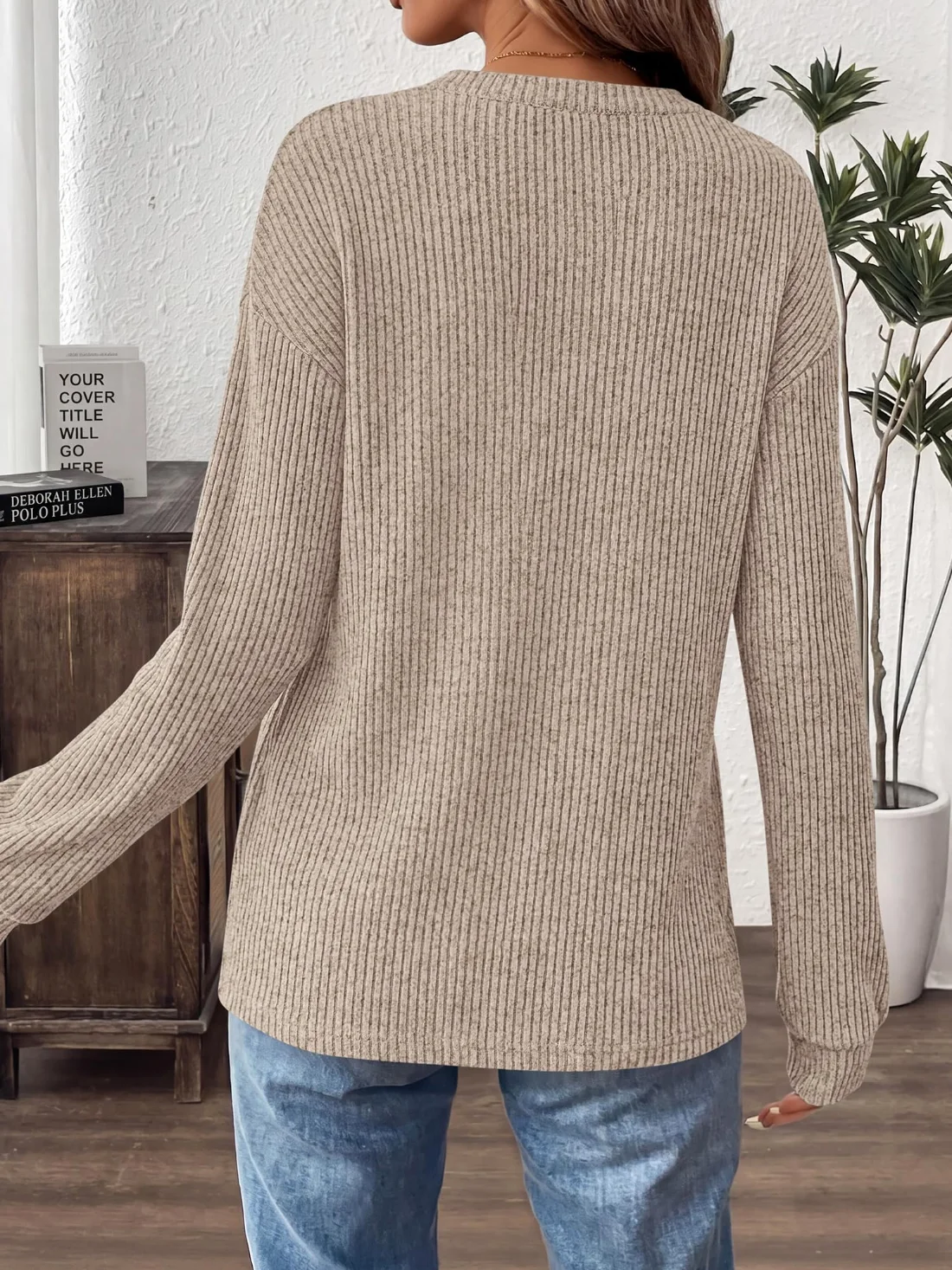 KIRUNDO Ribbed Henley Tunic Top in Apricot, view 3