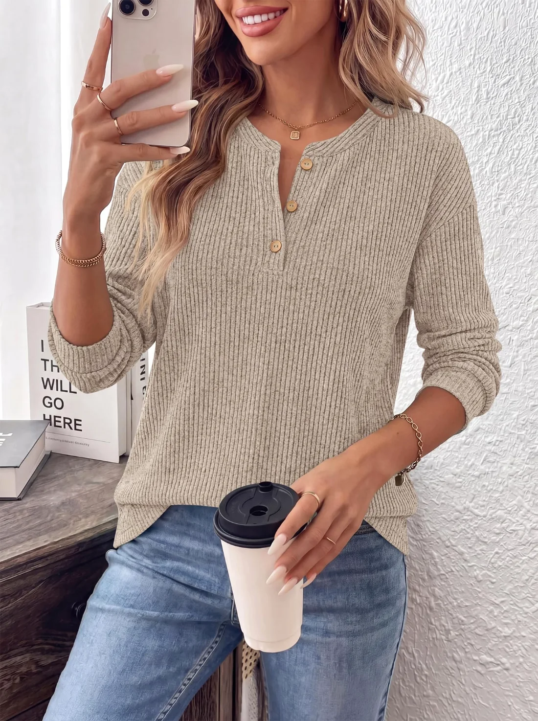 KIRUNDO Ribbed Henley Tunic Top in Apricot, view 5