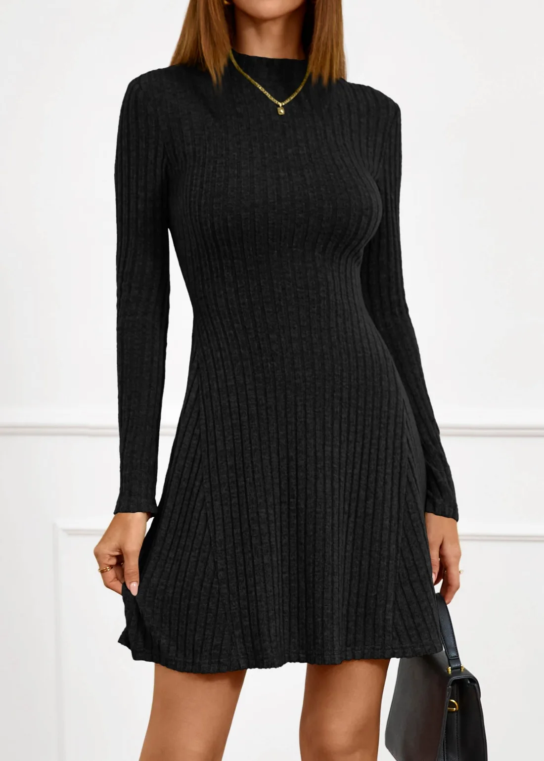 KIRUNDO Ribbed Mock Neck Long Sleeve Sweater Dress in Black, view 4