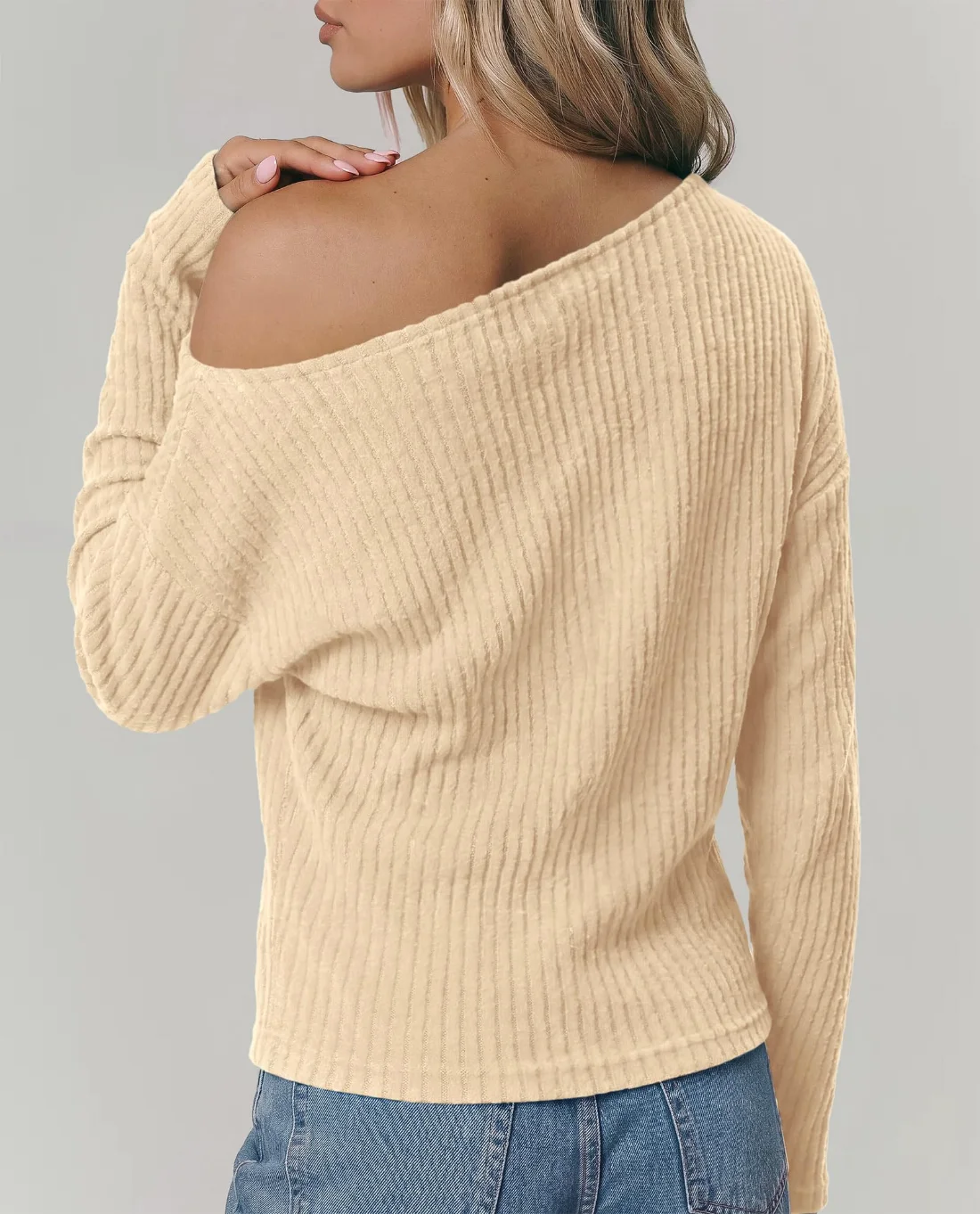 KIRUNDO Ribbed Off-Shoulder Long Sleeve Sweater in Beige, view 4