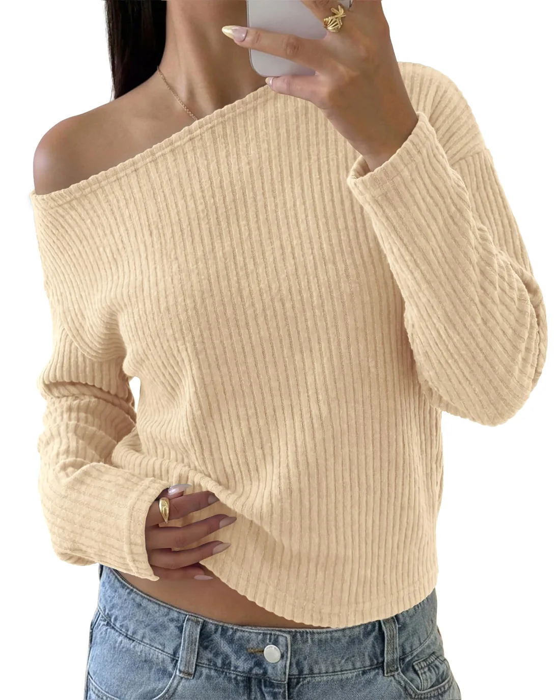 KIRUNDO Ribbed Off-Shoulder Long Sleeve Sweater in Beige