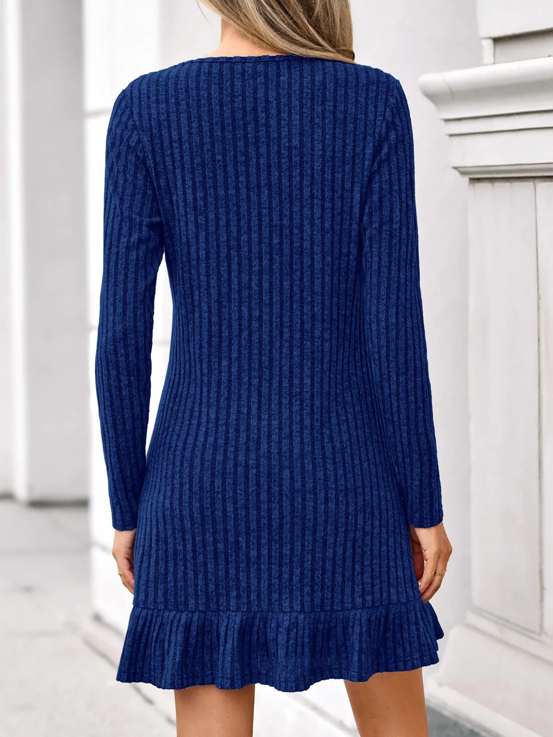 KIRUNDO Ribbed Ruffle Hem Mini Sweater Dress in Blue, view 3