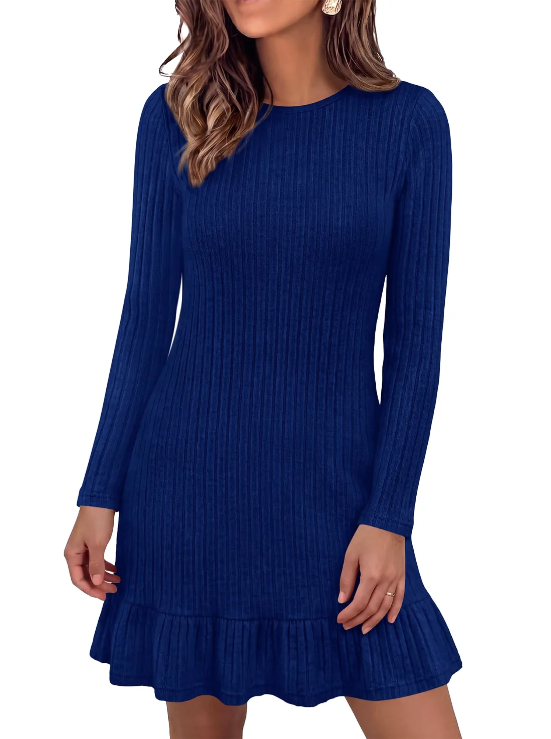 KIRUNDO Ribbed Ruffle Hem Mini Sweater Dress in Blue
