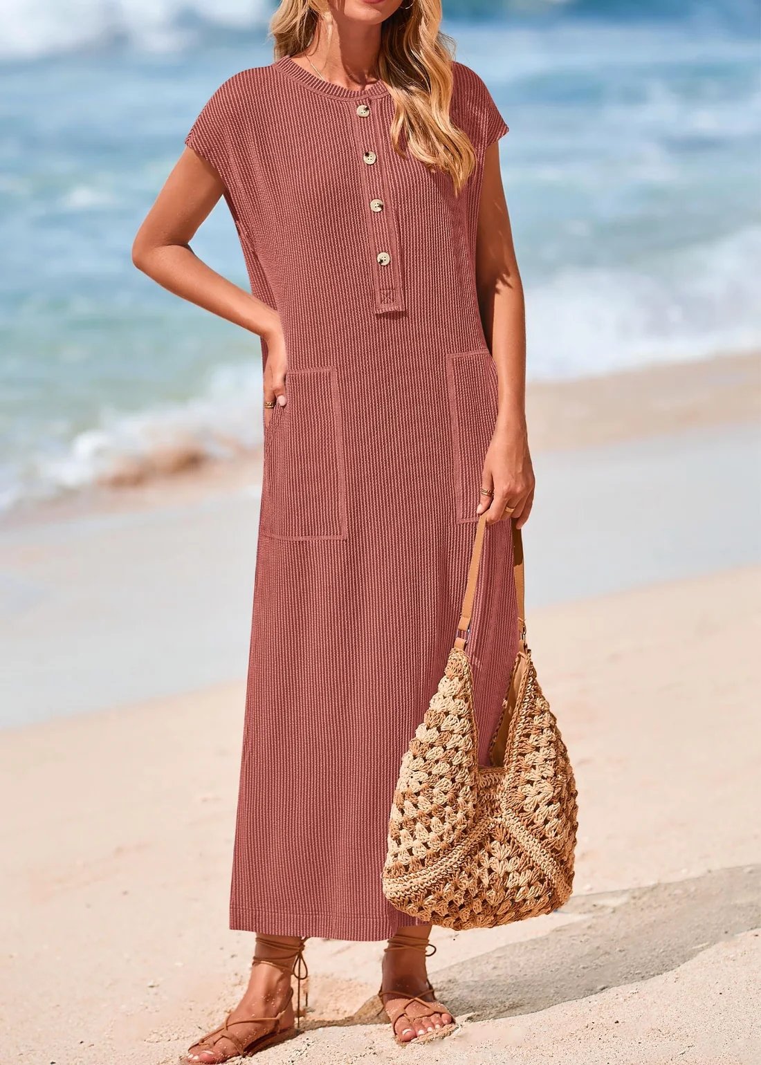 KIRUNDO Ribbed Short Sleeve Sweater Dress in Brick Red, view 4