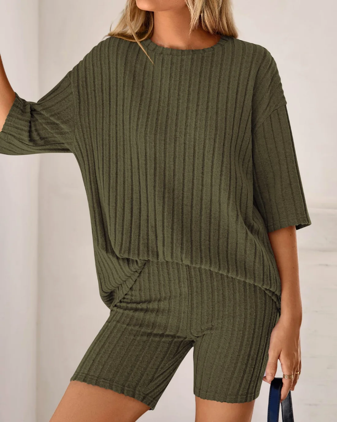 KIRUNDO Ribbed Shorts Set in Army Green, view 6