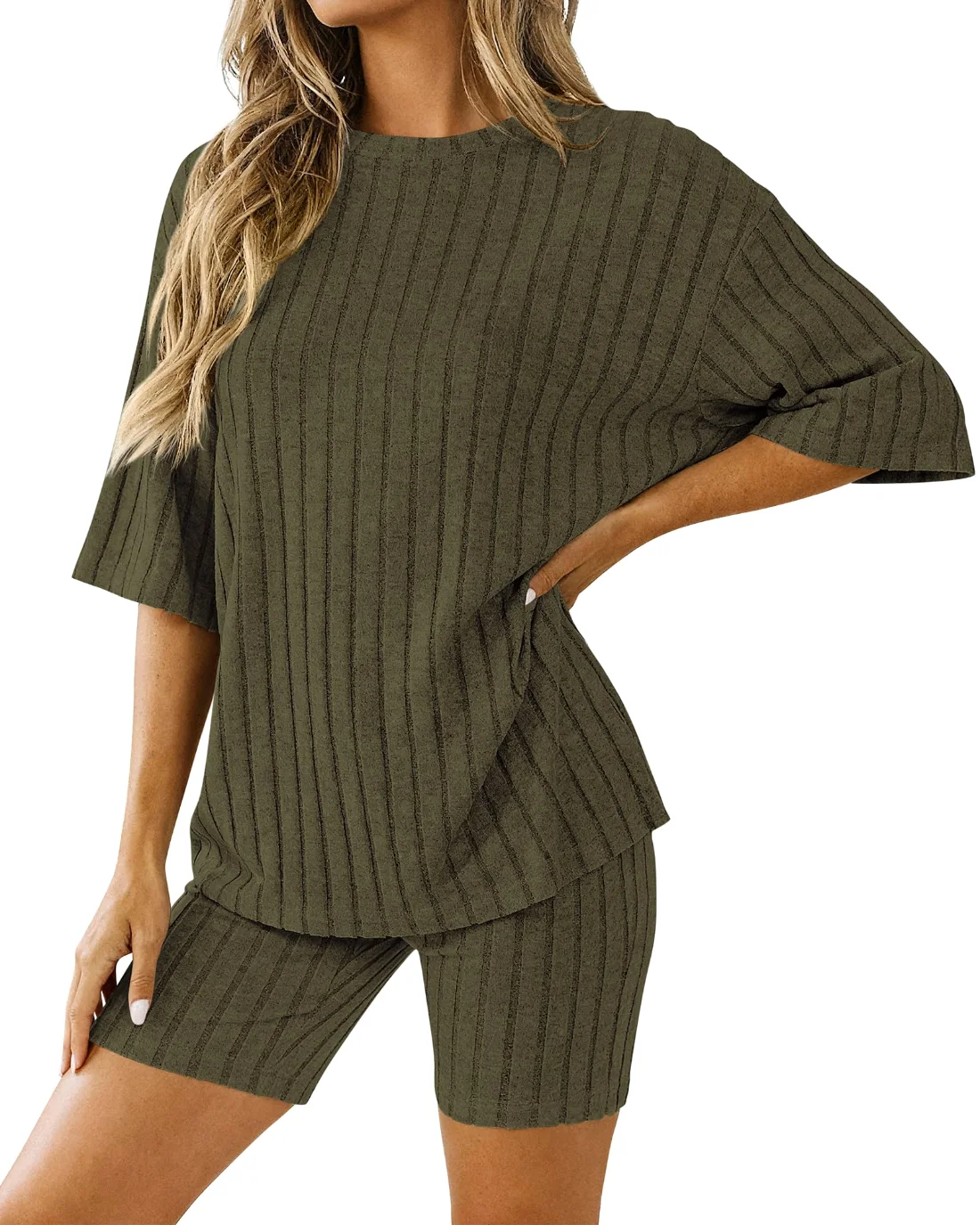 KIRUNDO Ribbed Shorts Set in Army Green