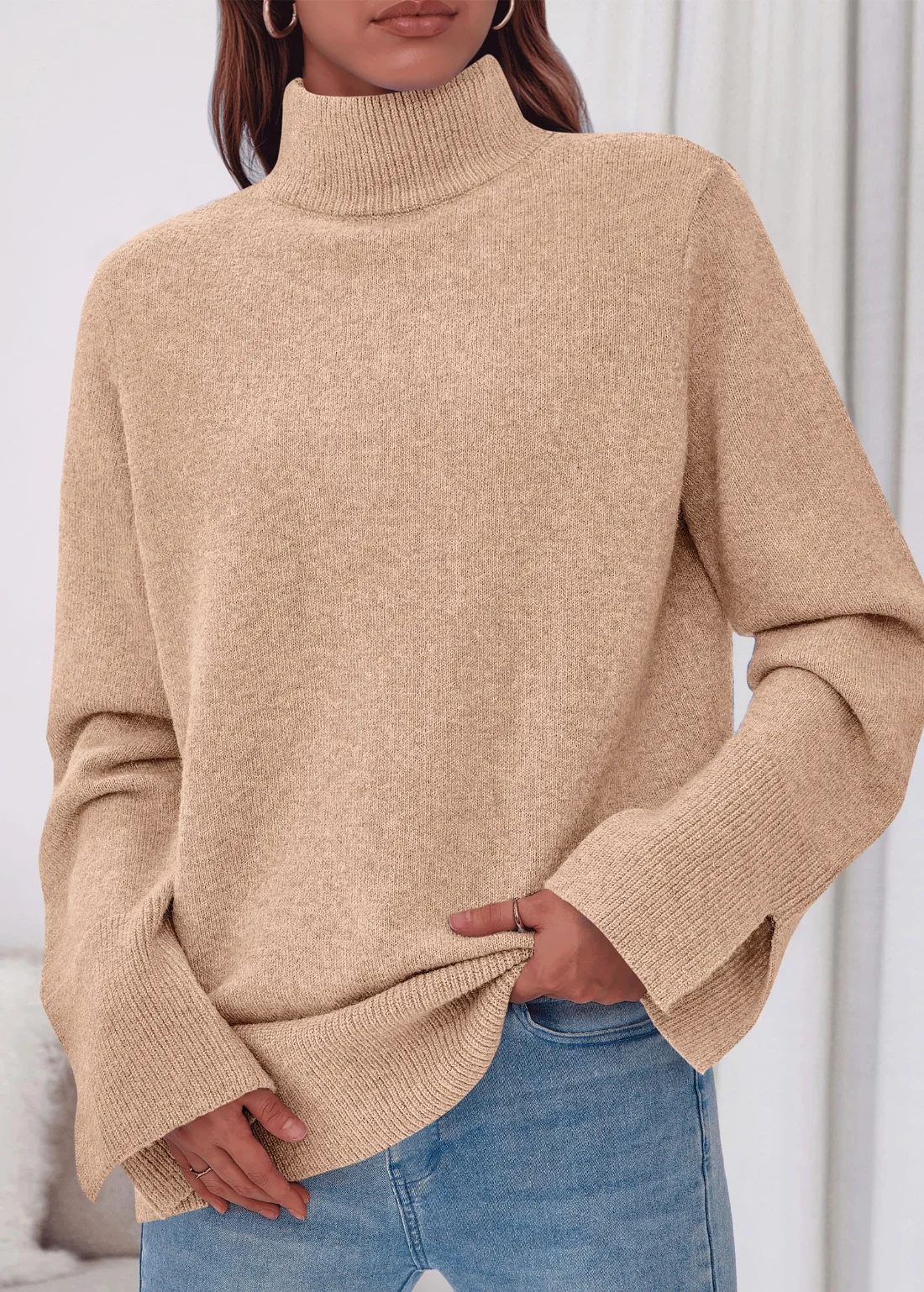 KIRUNDO Ribbed Turtleneck Long Sleeve Sweater in Khaki, view 4