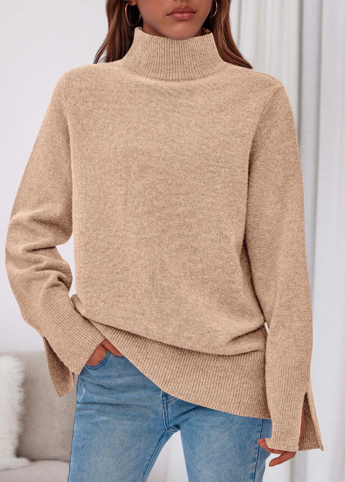 KIRUNDO Ribbed Turtleneck Long Sleeve Sweater in Khaki, view 5