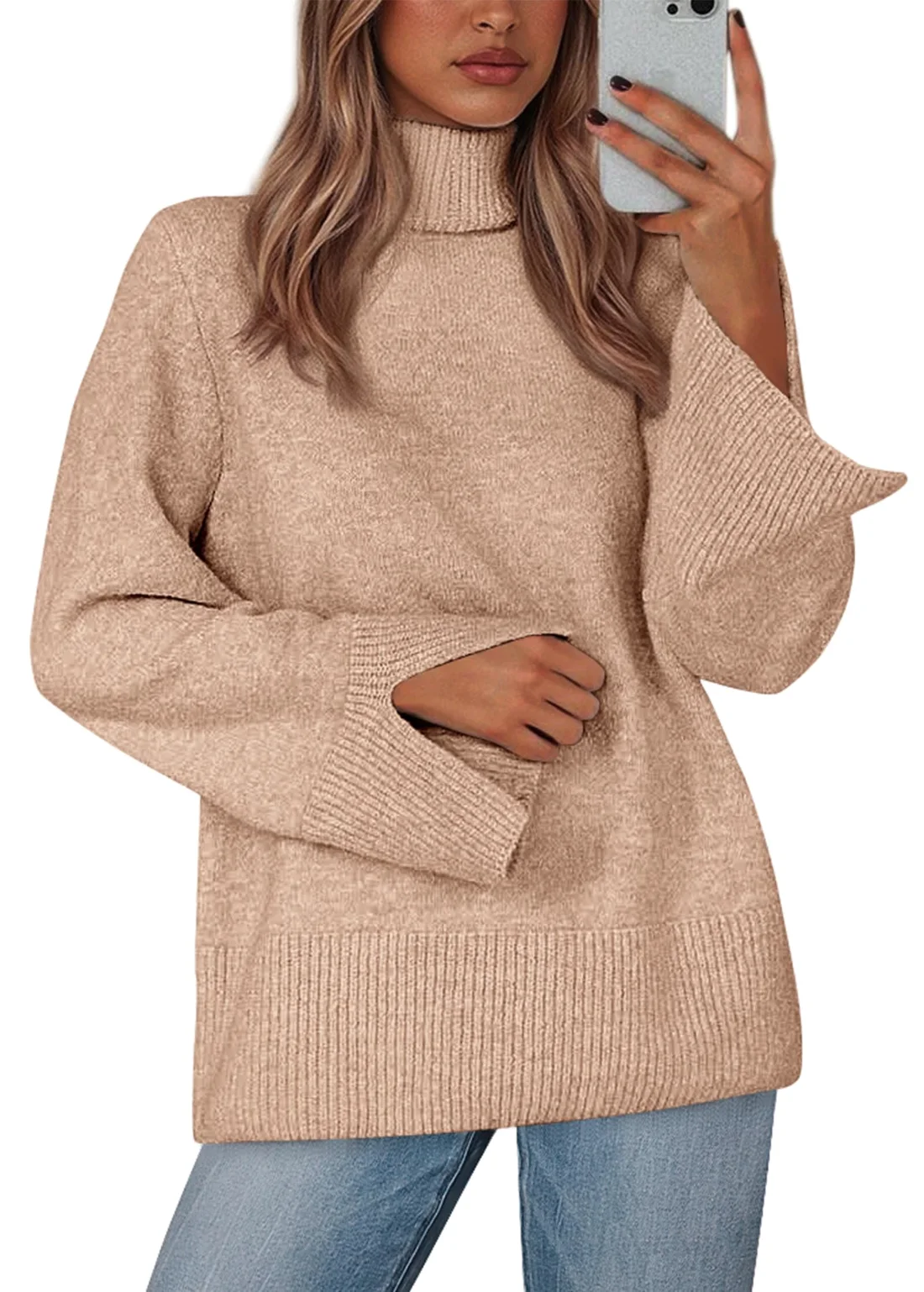KIRUNDO Ribbed Turtleneck Long Sleeve Sweater in Khaki