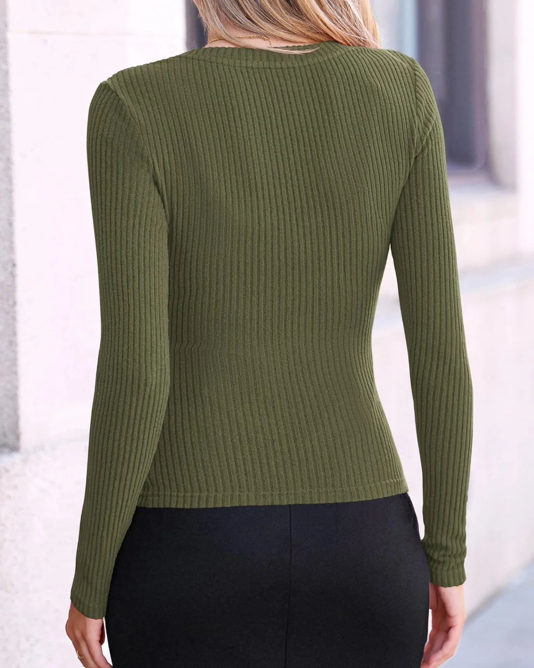 KIRUNDO Ribbed V-Neck Long Sleeve Top in Army Green, view 3