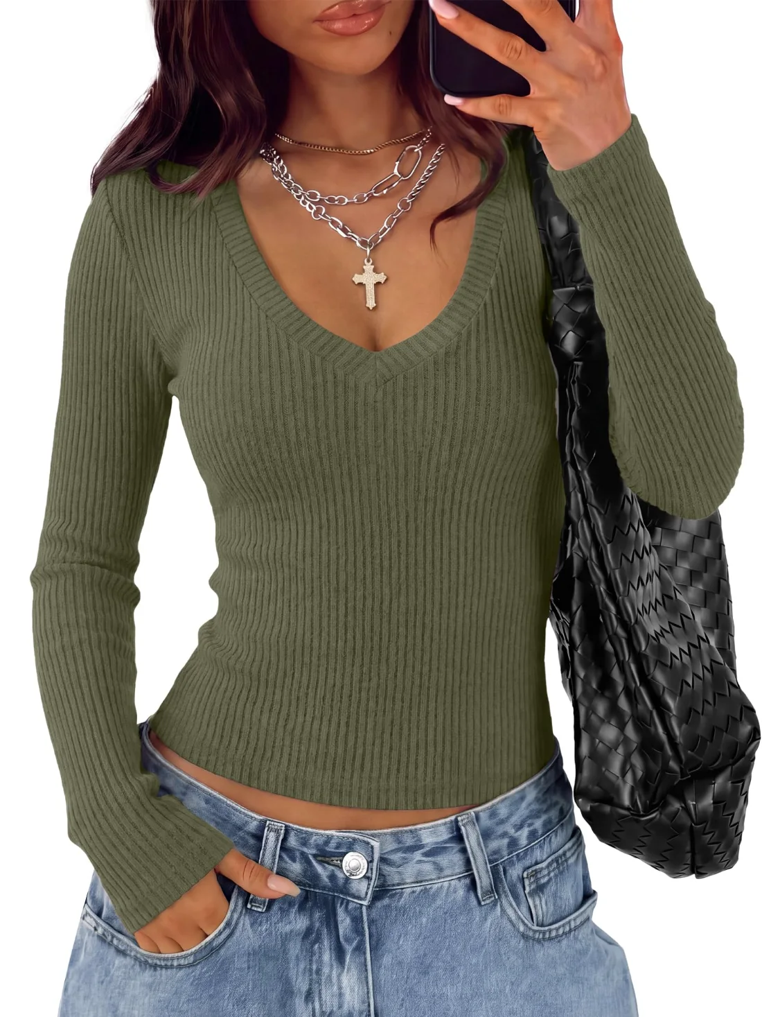 KIRUNDO Ribbed V-Neck Long Sleeve Top in Army Green