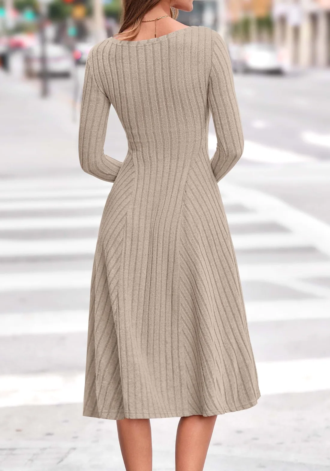 KIRUNDO Ribbed V-Neck Midi Sweater Dress in Apricot, view 3