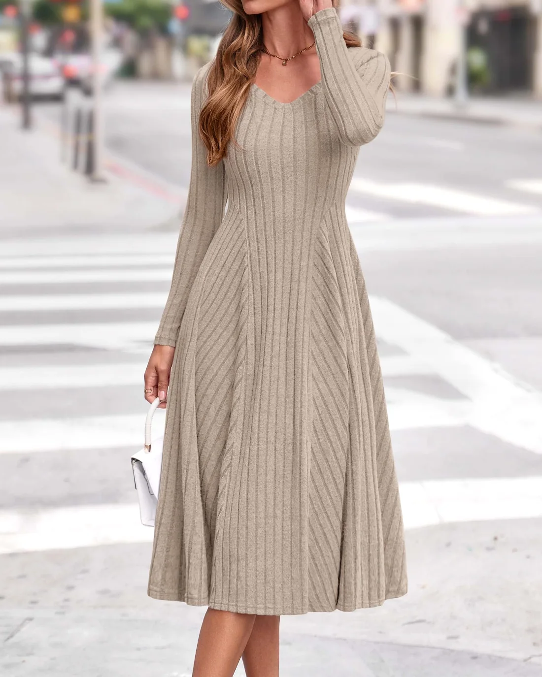 KIRUNDO Ribbed V-Neck Midi Sweater Dress in Apricot, view 5