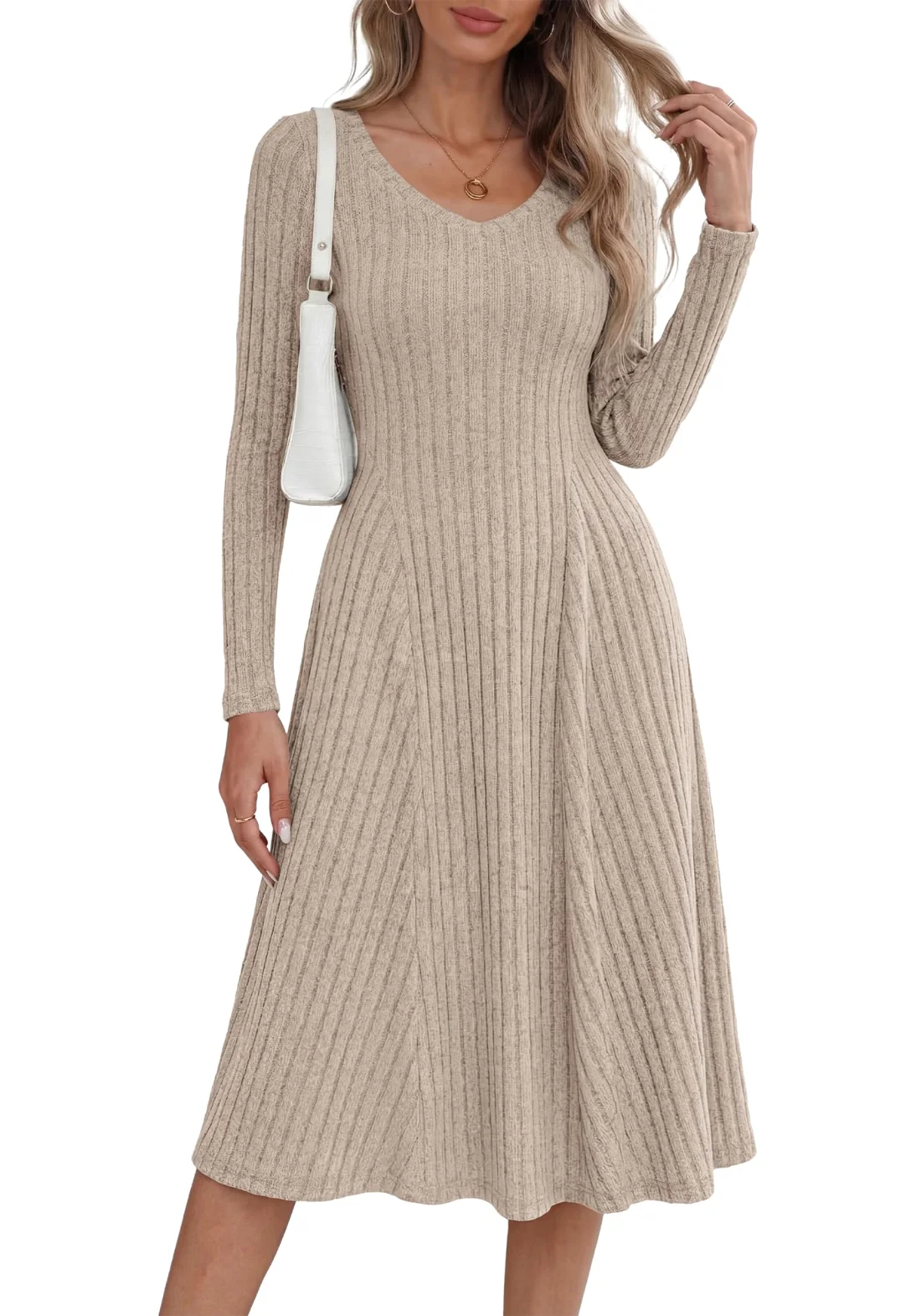 KIRUNDO Ribbed V-Neck Midi Sweater Dress in Apricot
