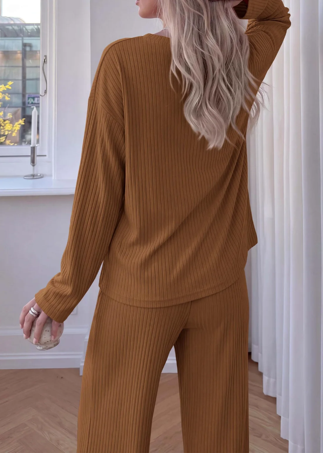 KIRUNDO Ribbed Wide Leg Lounge Set in Caramel, view 3