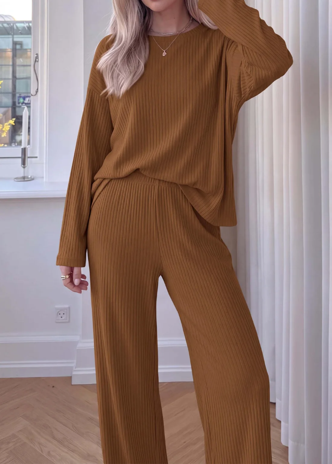 KIRUNDO Ribbed Wide Leg Lounge Set in Caramel, view 5