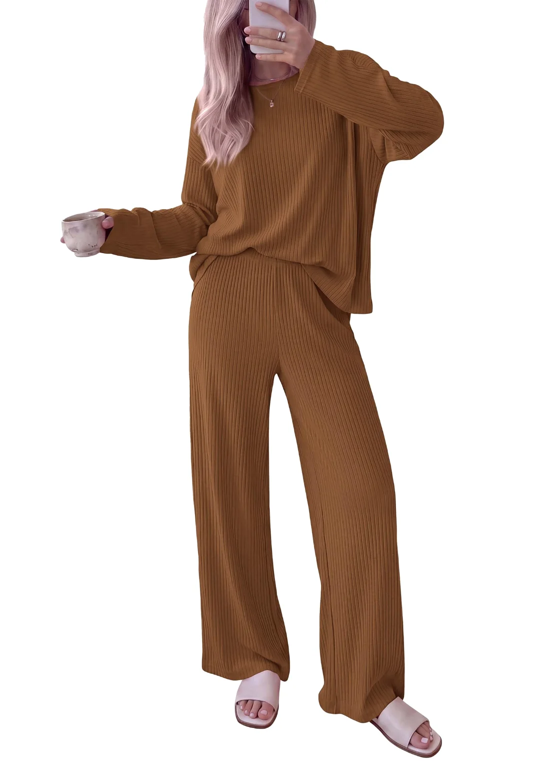 KIRUNDO Ribbed Wide Leg Lounge Set in Caramel