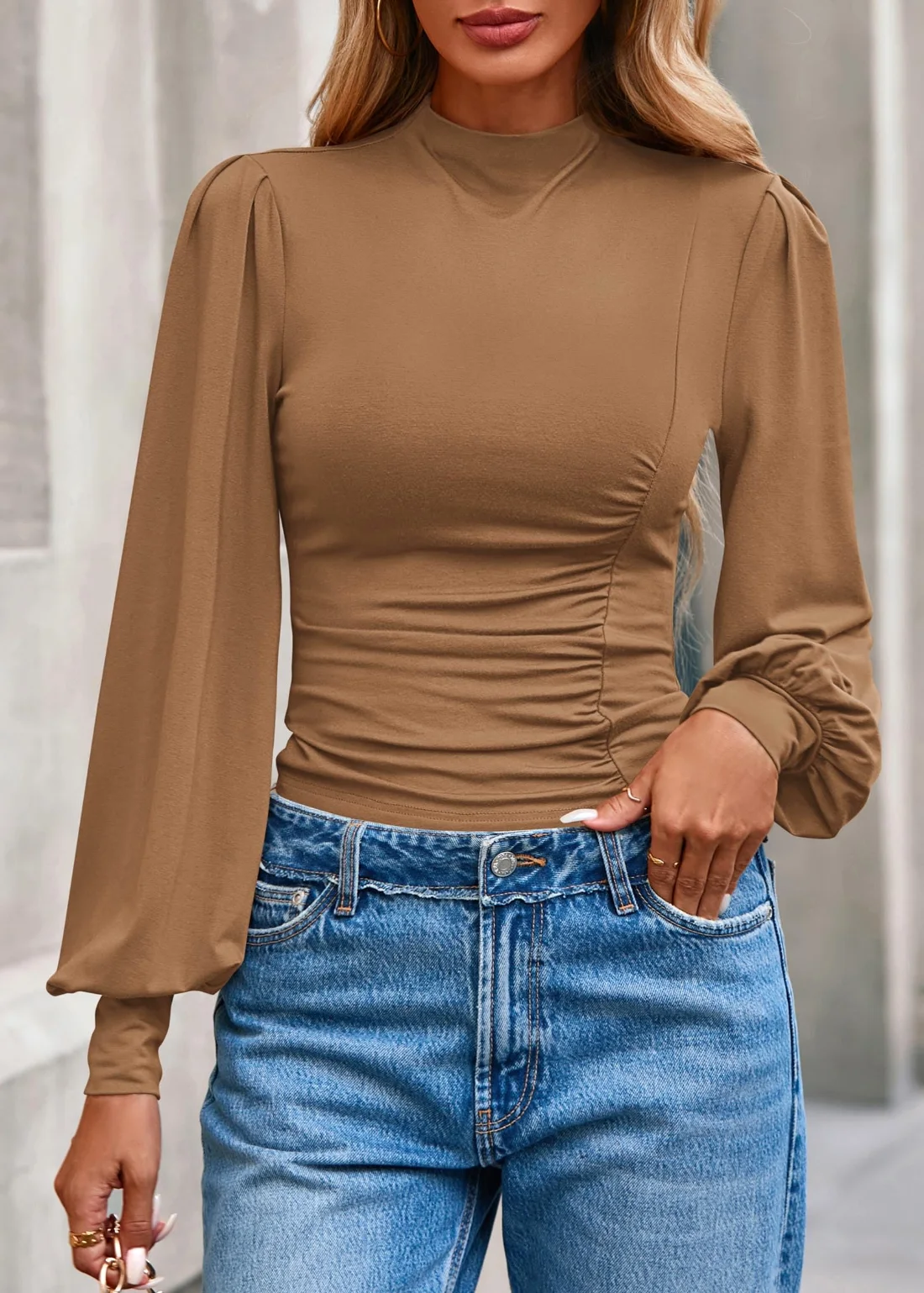 KIRUNDO Ruched Mock Neck Puff Sleeve Blouse in Khaki, view 3
