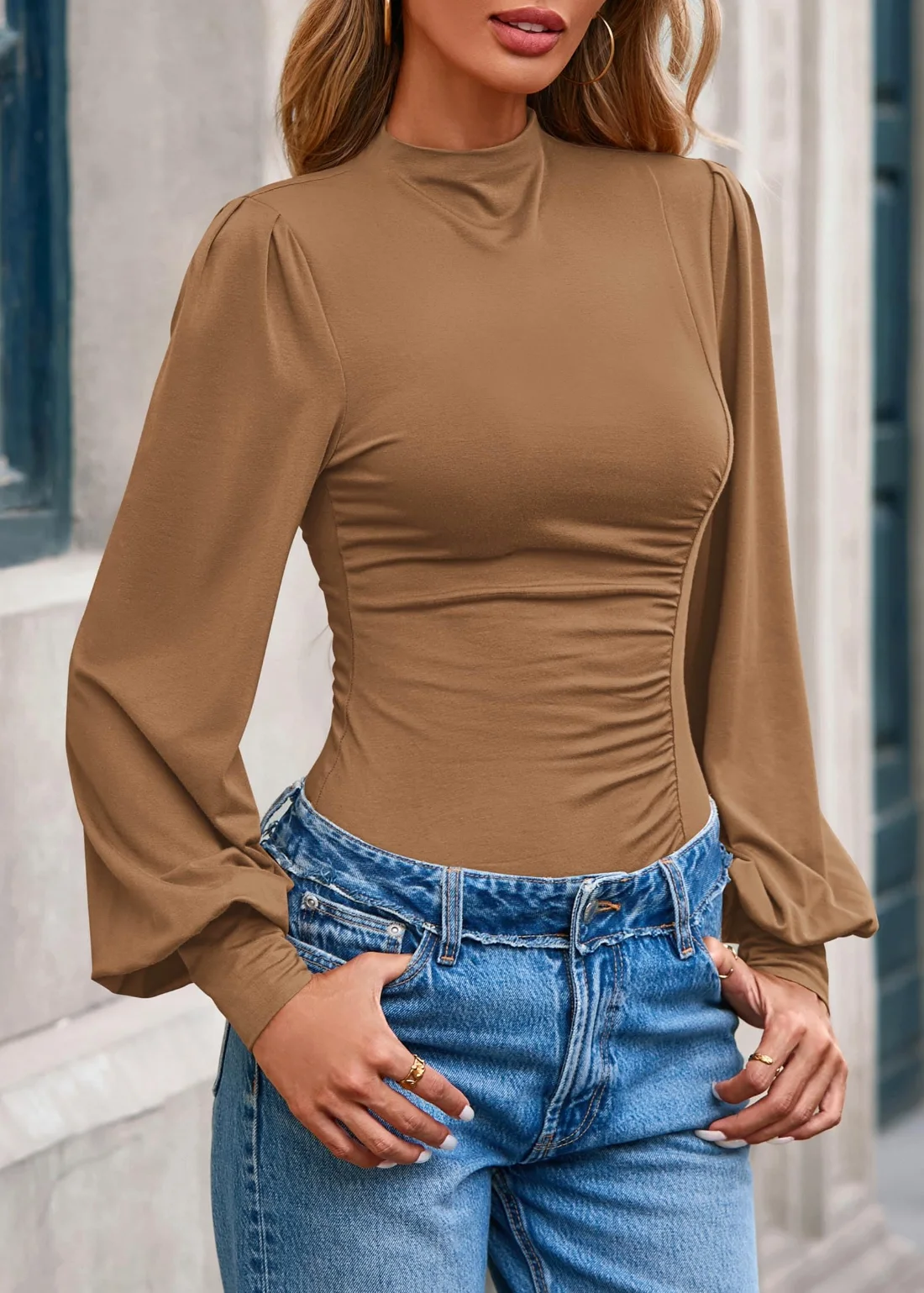 KIRUNDO Ruched Mock Neck Puff Sleeve Blouse in Khaki, view 4