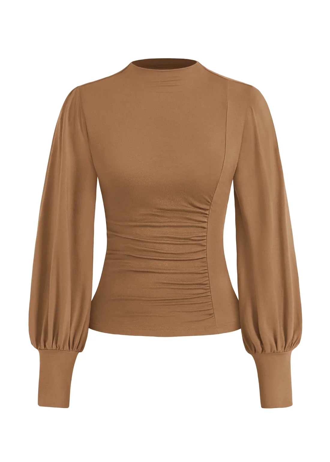 KIRUNDO Ruched Mock Neck Puff Sleeve Blouse in Khaki