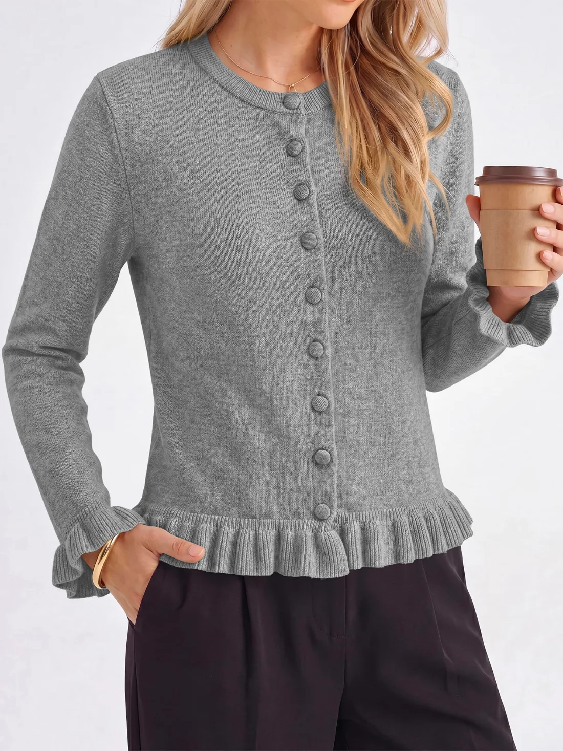 KIRUNDO Ruffle Button-Down Cardigan in Grey, view 3
