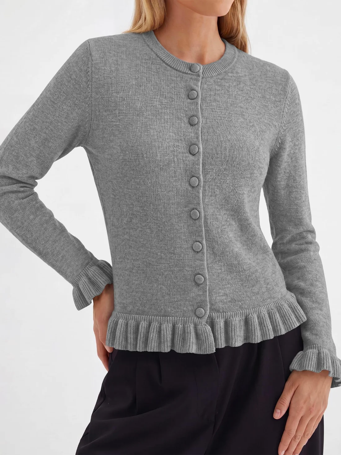 KIRUNDO Ruffle Button-Down Cardigan in Grey, view 4